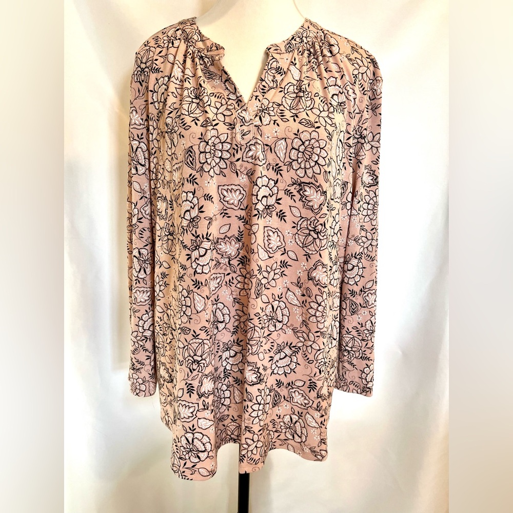 Liz Claiborne Floral V-Neck 3/4 Sleeve Stepped Hem Blouse 2X